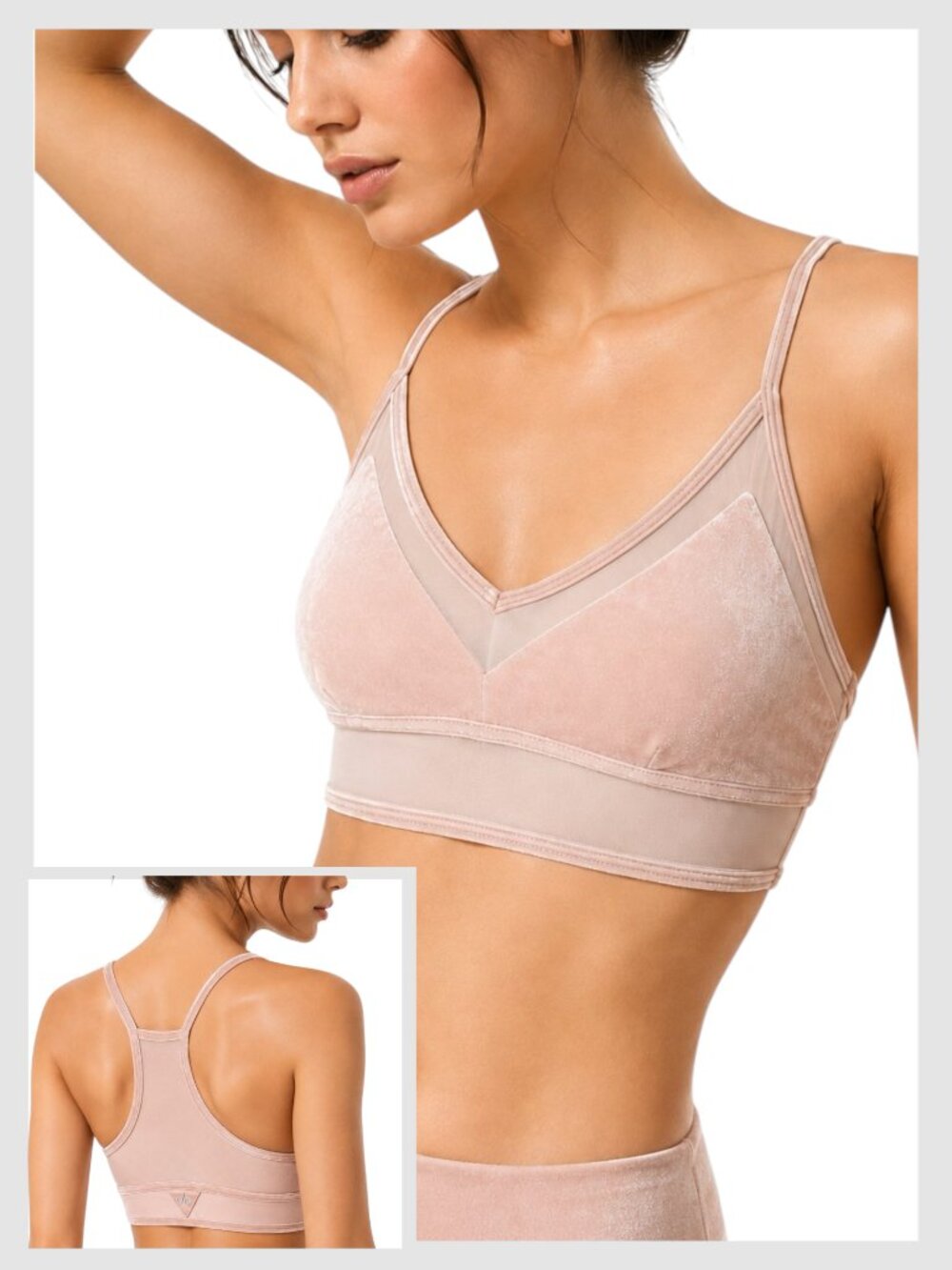 Alo Yoga Luxe Velour Sports Bra Blush Pink Mesh V Neck Size L